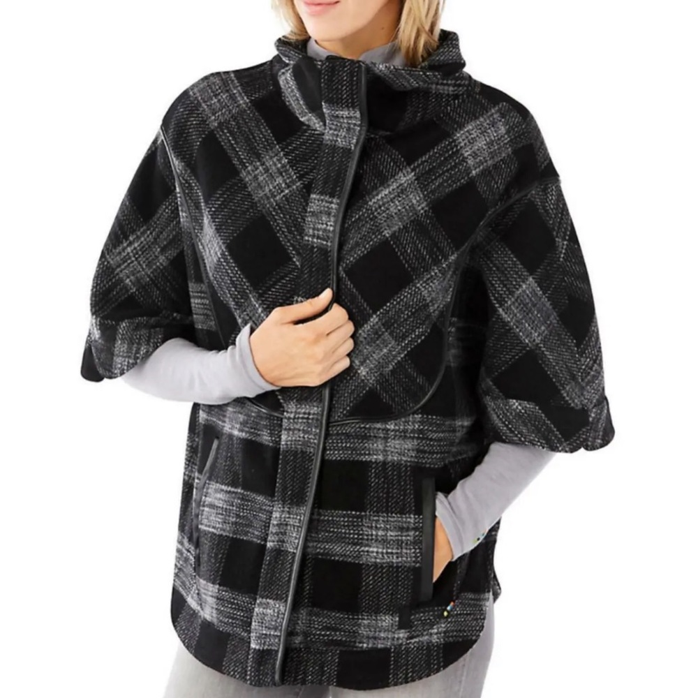 Smartwool Aspen Grove Plaid Poncho Jacket XL gray merino wool black
